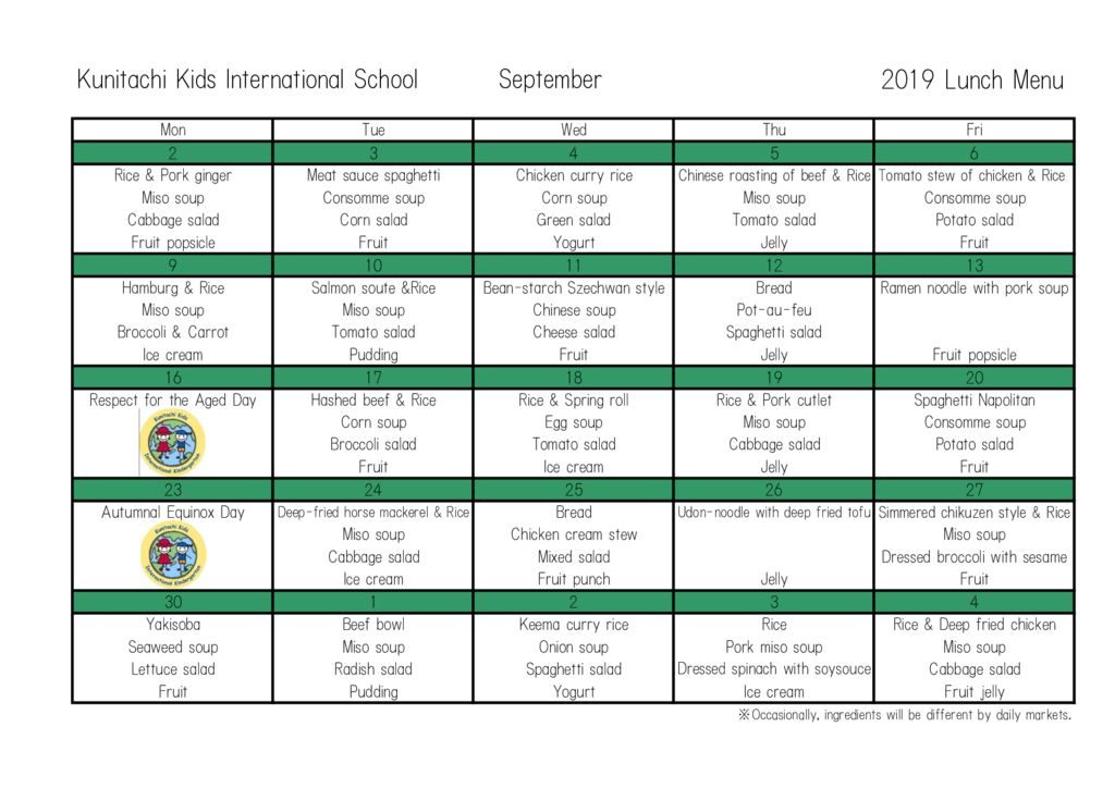 KKIS Lunch Menu September, 2019